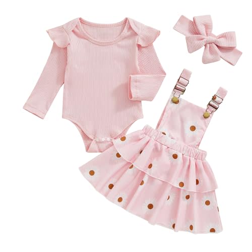 Douhoow Infant Girl Fall Outfits Baby Girl Romper Suspender Floral Dress Skirt with Headband 3Pcs Festival Clothes
