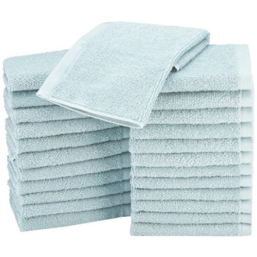 Amazon Basics face Towels for bathroom, 100% Cotton Extra Absorbent washcloth, Fast Drying - salon towel - 24 Pack Ice Blue (12 x 12 inches)