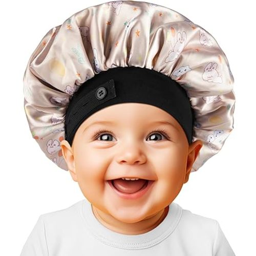 Baby Bonnet, Soft Silk Satin Bonnet for Girls Boys Infant, Double Layer & Wide Elastic Band Kids Sleeping Cap, Adjustable Night Hat for Toddler Child Natural Hair Curly Hair, Champagne Bunny