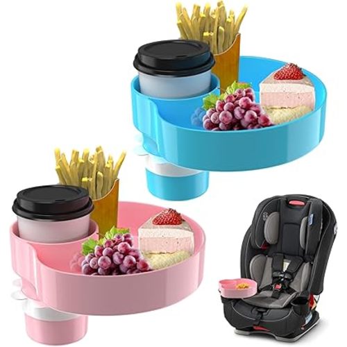 [2 Packs Blue & Pink] Kids Car Seat Tray, Travel Tray with Cup Holder for Toddler Baby, Kids Car Seat Food Snack Organizer for Road Trip, Stroller snack Organizer Travel Must Haves Toddler Must Haves
