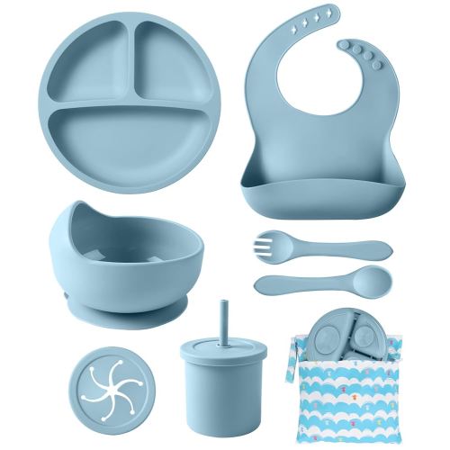 Silicone Baby Feeding Set, 10 Pcs Baby Led Weaning Supplies Baby Eating Essentials Set with Suction Bowl Divided Plate Adjustable Bib Soft Spoon Fork Cup with Lid Drinking Cup, Travel Bag (Blue)