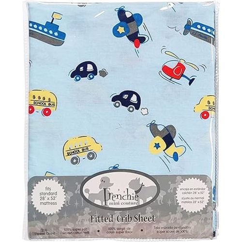 Frenchie Mini Couture, Fitted Crib Sheet Single, 100% Woven Cotton, Toddler Fitted Sheet, Fits Standard Size Baby Mattress 28 x 52 x 8in, Cars, Boats, & Planes (Light Blue)