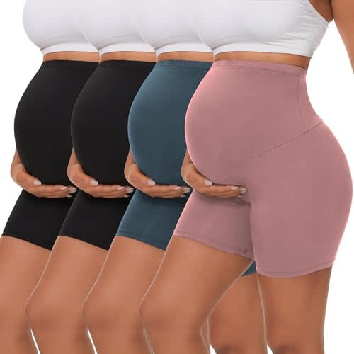 4 Pack Women's Maternity Yoga Shorts Over The Belly Pregnancy Biker Workout Active Athletic Pregnant Shorts 5”