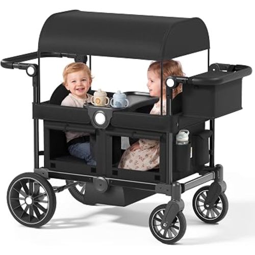 Kinder King Folding Wagon Stroller for 2 Kids, Shock-Absorbing Wheel, Black