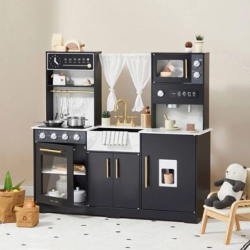 Tiny Land® Iconic Wooden Play Kitchen – Black Pretend Cooking Set for Kids