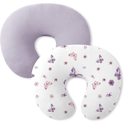 Little Grape Land Nursing Pillow Covers 2 Pack for Baby, Soft 100% Cotton Covers for Breastfeeding Pillows, Breathable Muslin Purple Butterfly Nursing Pillow Cases Fit Standard Nursing Pillows