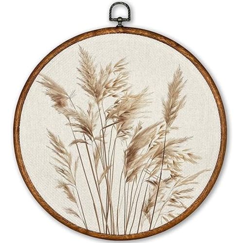TLESKE Beige Rustic Botanical Fall Round Wall Art Decor, Boho Autumn Wildflower Floral Framed Canvas Prints Wall Art Artwork, Neutral Vintage Wall Hanging Door Decor Decorations for Bedroom Living Room Farmhouse 10x10