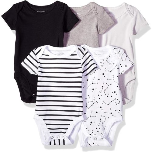 Hanes Baby Bodysuits, Ultimate Flexy Short Sleeve for Boys & Girls, 5-Pack - 0-6 Months - Grey/Black Stripe