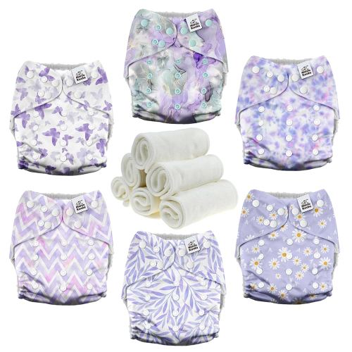 Mama Koala 3.0 Cloth Diapers for Babies with AWJ Lining, 6 Pack with 6 Natural Cloth Diaper Inserts - Reusable and Washable Pocket Diapers (Light Lavender)