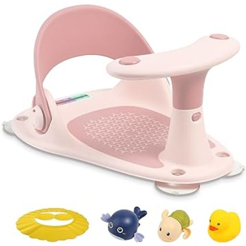 Baby Bath Seat LDIIDII Baby Bathtub Seat Infant Bath Seat for Babies 6 Months&Up Sit Up Bathing in Tub,Toddler Bath Seat with Water Thermometer/4 Strong Suction Cup/3 Bath Toys/Shower Cap (Pink Red)