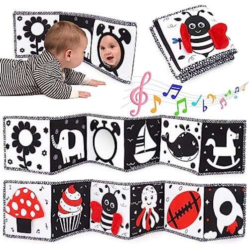 Black and White High Contrast Toys for Baby 0-3 3-6 months Infant Tummy Time Soft Crinkle Book Mirror Sensory Toys 0 2 4 5 6 Month Old Babies Boy Gril Newborn Development Christmas Stocking Stuffer