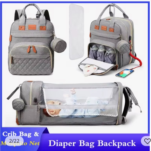 Diaper Bag Backpack Foldable Baby Bed Waterproof Travel Bag with USB Charge Diaper Bag Backpack with Changing Bed 3 types