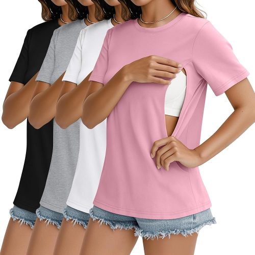 4 Pack Women's Nursing Breastfeeding Shirts with Zipper Cotton Loose Fit Short Sleeve Maternity Top Nursing Clothes