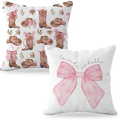 Coquette Pink Bow Cowgirl Boots Pillow Covers 18x18, Preppy Cowgirl Room Decor, Pink Girly Bedroom Decor, Coquette Stuff, Set of 2