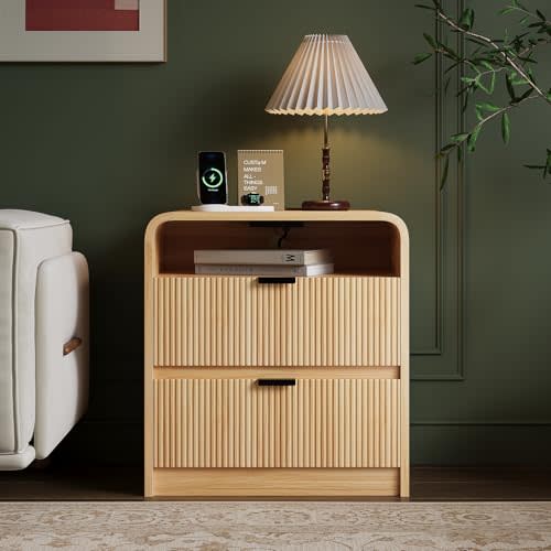 FURSUN 24" Fluted Nightstand with Charging Station, Wooden End Table with 2 Drawers Storage, Curved Profile Design, Modern Bedside Cabinet for Bedroom Living Room, Natural Oak
