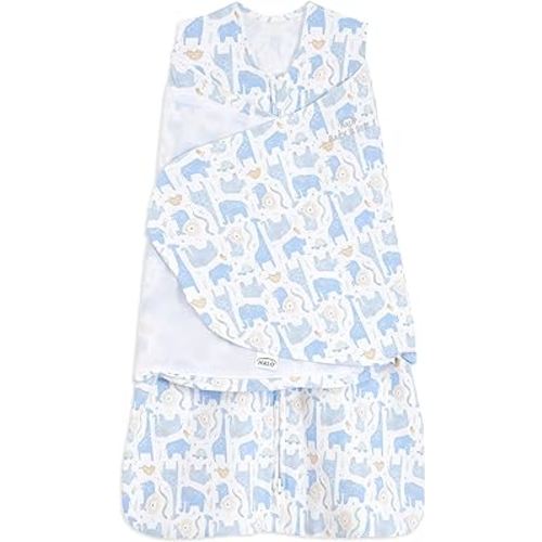HALO 100% Cotton Sleepsack Swaddle, 3-Way Adjustable Wearable Blanket, TOG 1.5, Blue Safari, Small, 3-6 Months