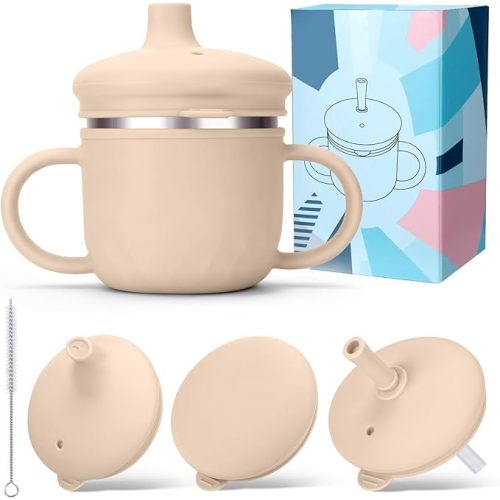 BUSOHA Stainless Steel Sippy Cups - 3 IN 1 Silicone Sippy Cup for Toddlers Baby Straw Cup with Brush Kids Cups with Lid and Silicon Straw Anti-Drop Spill Proof Cups for Travel,8 oz, Beige