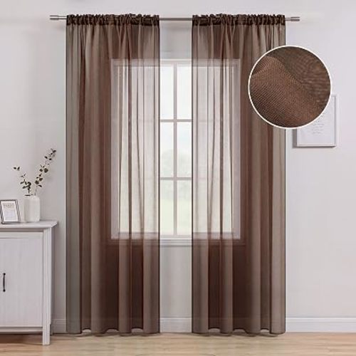 MIULEE Chocolate Brown Linen Textured Sheer Curtains 54W×108L for Bedroom