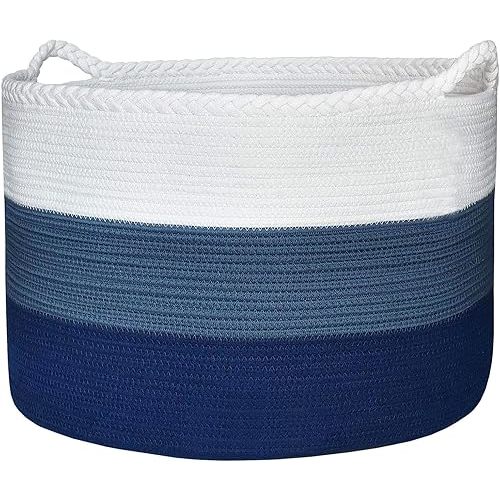 Casaphoria Stuffed Animal Storage, Woven Storage Basket, Laundry Hamper,Laundry Basket, 21.7*21.7*13.8in Clothes Basket, Cotton Rope Basket, Blanket Basket Living Room (White&Cadet Blue& Navy Blue)