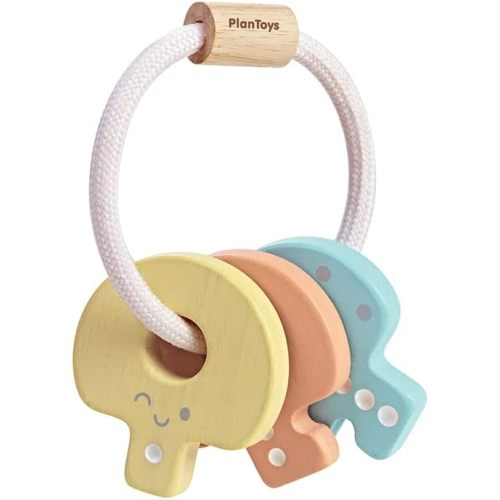 PlanToys Wooden Key Rattle and Teether Toy (5251) | Pastel Color Collection | Sustainably Made from Rubberwood and Non-Toxic Paints and Dyes