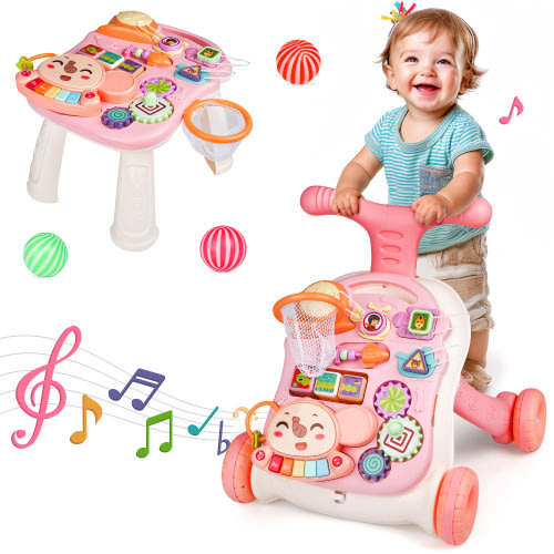 Hot Bee 3-in-1 Baby Walker and Learning Table Center, Perfect Learning Toys Christmas Gift for Infants 6-12 Months, 17.3 Inch Perfect for Early Development & Playtime for Girls Boys-Pink