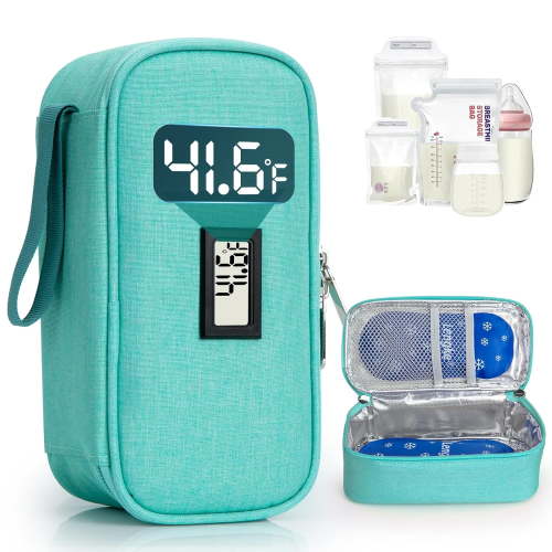 SUNMON Breast Milk Cooler Travel Bag, Real-Time Temperature Display, Holds 4-6 Breastmilk Storage Bag with 2 Breast Milk Ice Pack, Cooling & Waterproof Portable Cooler for Moms on The Go(Light Green)