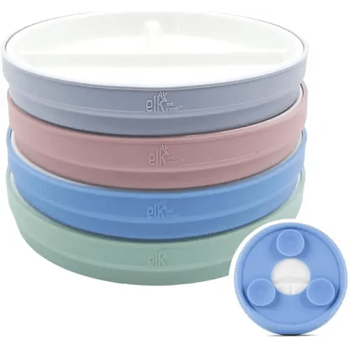 Elk and Friends Kids 6.7” Porcelain White Plates with Silicone Suction Sleeves Sleeves | Divided Plates | Suitable for Babie/Kids/Toddlers | Microwave & Dishwasher Safe | Non Slip | Snack Dishes