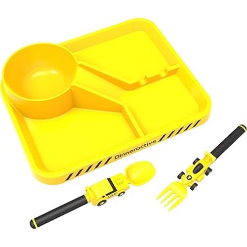 Dinneractive Dining Set for Kids - 3PC Yellow Race Car Dinnerware - Race Car Utensils - Toddler Plates - Baby Dishes