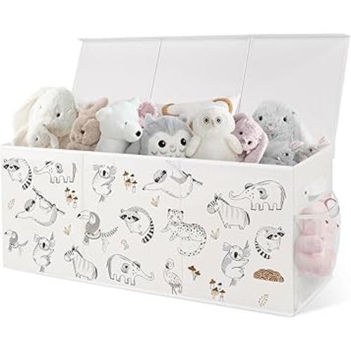 Extra Large Collapsible Toy Box with Lids, Sturdy Storage Organizer for Kids, 38"x16"x13" Toy Chest for Playroom, Nursery, Bedroom, Living Room (Animal Sketches)