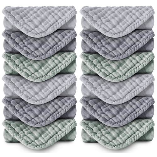 MOON PARK Baby Washcloths, 12 Pack - 12x12 Inches, Small Burp Cloths and Baby Wipes - 100% Cotton Muslin Ultra Soft for Newborn, Infant and Toddlers - Grey, Green and Slate