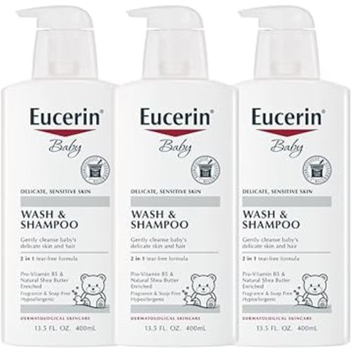 Eucerin Baby Wash & Shampoo - 2 in 1 Tear Free Formula, Hypoallergenic & Fragrance Free, Nourish and Soothe Sensitive Skin - 13.5 Fl Oz (Pack of 3)