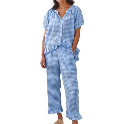 Womens Gingham Pajama Set 2 Piece Short Sleeve Babydoll Shirt and Pants Lounge Set Cute Sleepwear