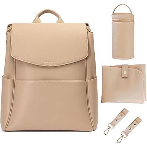 Leather Diaper Bag Backpack with USB Charging port, Changing Pad, Stroller Straps, and Bottle Holder (Beige Olivia)