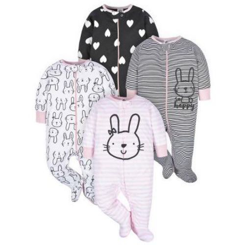 Gerber Baby Girls' Sleep 'n Plays' With Mitten Cuffs, 4-pack, Bunny