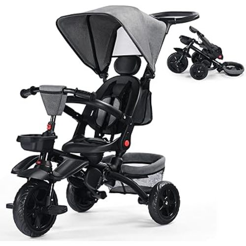 Kinder King Kids Tricycle, 7 in 1 Folding Toddler Trike w/Adjustable Push Handle, Rotatable Seat, Adjustable Canopy, Safety Harness, Storage, Toddler Stroller Bike for Age 6 Months+,Black