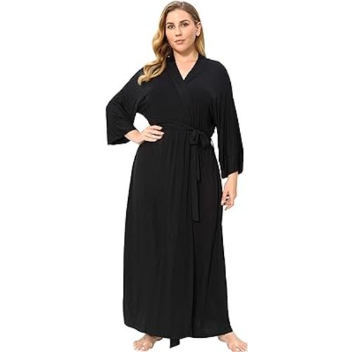 Women's Plus Size Cotton Kimono Robes Soft Long Knit Bathrobes Lightweight Sleepwear V-Neck Ladies Loungewear