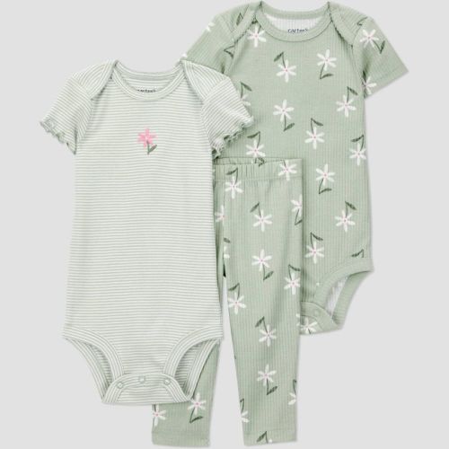 Carter's Just One You® Baby Girls' 3pc Floral Long Sleeve Bodysuits and Ruffle Overalls Set - Green 3M
