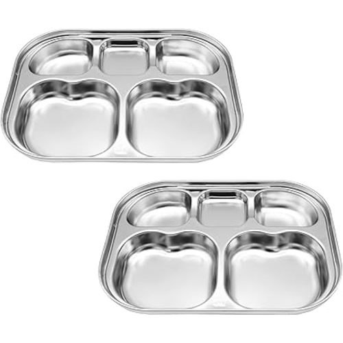 Korean Stainless Steel Divided Plates by KS&E, Little Kids Toddlers Babies small Tray, BPA Free, Diet Food Control, Compact Serving Platter, Snack, 5 Compartment Plate Silver, Set of 2