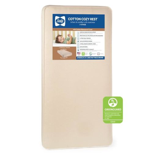 Sealy Baby Cotton Cozy Rest Breathable 2 Stage Waterproof Crib Mattress plus Toddler Bed Fit, 204 Coils & Soft Coton Cover, GREENGUARD Gold Certified, Safety & Quality Tested, Made in USA, 52"X28"