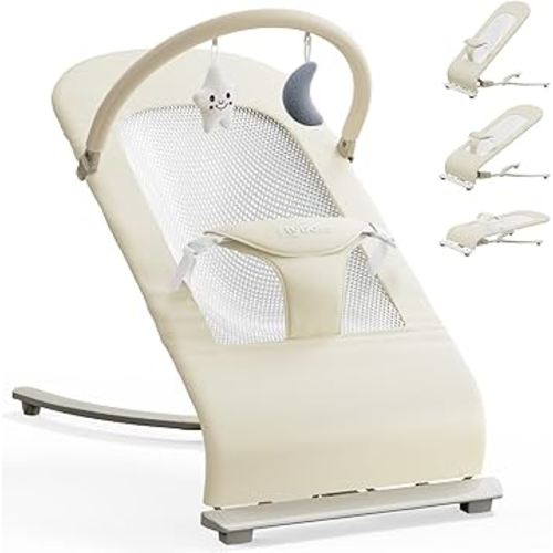 3-in-1 Portable Baby Bouncer & Rocker Chair for Newborn to Toddler - 4 Adjustable Recline Positions, Breathable Cotton Fabric, Natural Vibration, Supports Up to 33 lbs (Oatmeal Khaki)