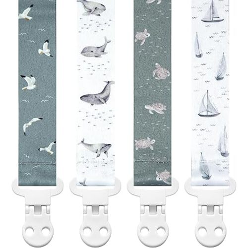 Baby Pacifier Clip Holder - Girl or Boy Unisex 4 Pack Gift Set – Nautical Blue Whales Boats Turtles (Gone Sailing)