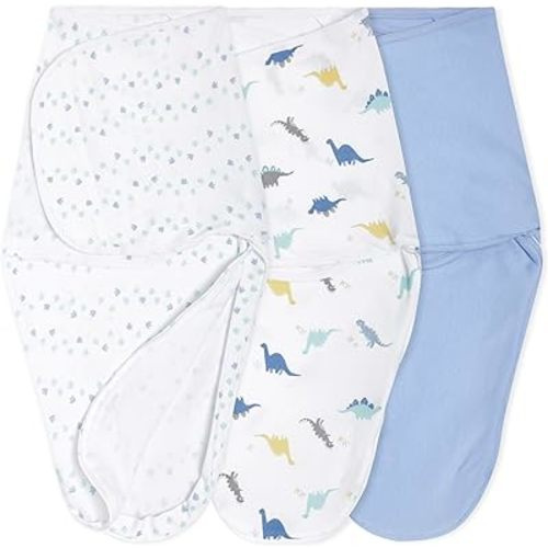 aden + anais Essentials Easy Swaddle Wrap Quick Change with Bottom Zipper, Snug Cotton Knit Baby Wrap Swaddle Blanket for Newborns, TOG 1.0, 3-Pack, Dino-Rama, 0-3 Months, Small/Medium