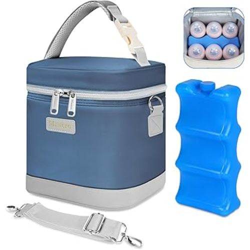 Mancro Breastmilk Cooler Bag with Ice Pack, Insulated Baby Bottle Bag Fits 6 Bottles up to 9oz, Waterproof Breast Milk Storage Bag for Daycare, Travel, Nursing Moms,Blue & Grey