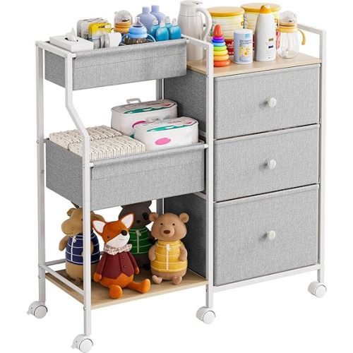 Modanais Baby Organizer and Storage - 3 Tier Rolling Cart with Dividers and Drawers, Easy To Assemble, Mobile Utility Cart with Wheels for Nursery, Bedroom, Changing Table & Crib,Light Gray