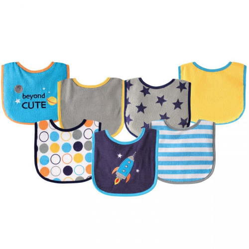 Luvable Friends Baby Boy Cotton Terry Drooler Bibs with PEVA Back 7pk, Blue Rocket, One Size