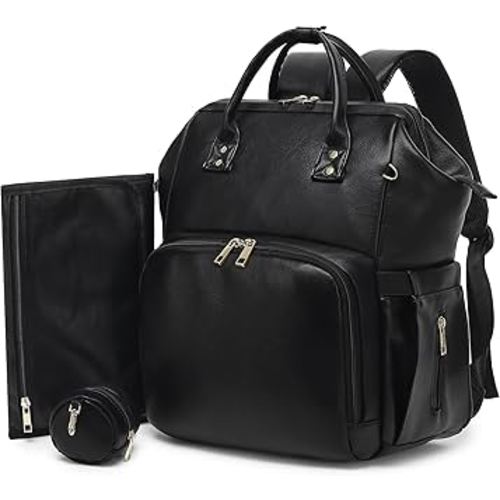 Premium Vegan Leather Diaper Bag Backpack with Waterproof Changing Pad – Reinforced Stitching & Zippers, Baby Bag for Boy Girl, Stroller Straps, Ergonomic Design for Traveling Moms, Black