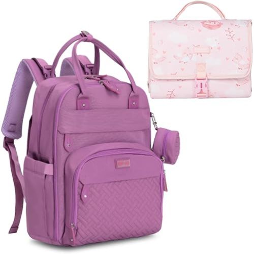 BabbleRoo Portable Changing Pad Pink Birdy & Basic Diaper Bag Purple