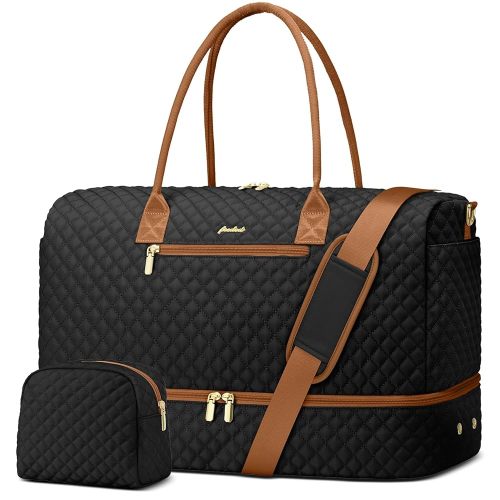 Travel Bag Weekender Bags for Women - Carry on Overnight Bag with Shoe Compartment Duffle Bag with Laptop Pocket Hospital Bag for Labor Delivery Gym Tote Bag with Toiletry Bag Black Brown