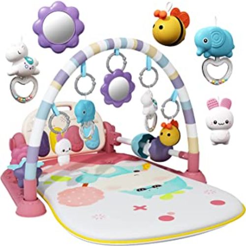 Baby Gym with Kick and Play Piano,Baby Play Mat Tummy Time Baby Activity Gym Mat with 5 Infant Learning Sensory for Baby, Music and Lights Boy or Girl Gifts for Newborn(Pink)