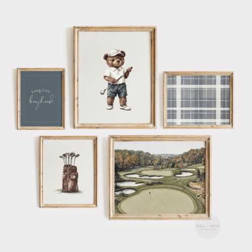 Navy Golf Set of Five Prints | Vintage Style Golf Paintings | Teddy Bear Nursery | Boys Room Printable Art | Blue Sports Gallery | PS133